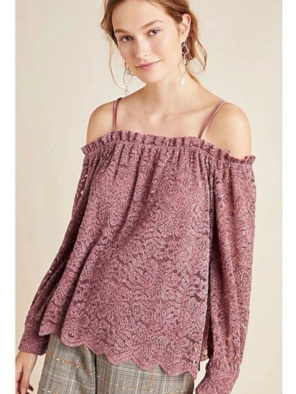 Anthropologie Eri + Ali Romana Off The Shoulder Top Lace Dusty Rose XS NWT